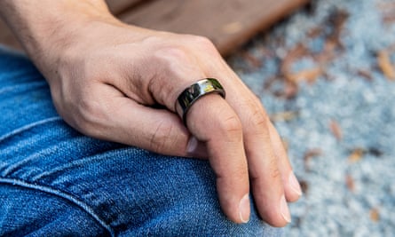 A closeup of a smart ring which measures Faguet’s sleep patterns