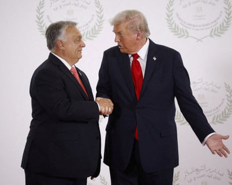 US president Donald Trump and Hungary's prime minister Viktor Orbán shake hands as they pose for a photo, at a world leaders' summit on ending the Gaza war in Sharm el-Sheikh, Egypt last month.