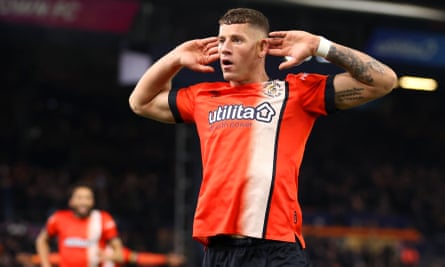 Ross Barkley celebrates a goal for Luton Town.
