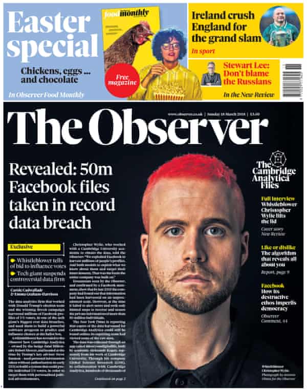 The Observer front page, Sunday 18 March 2018.