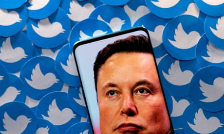 An image of Elon Musk amid Twitter symbols.