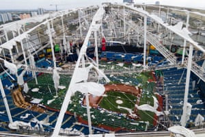 a shredded baseball stadium roof