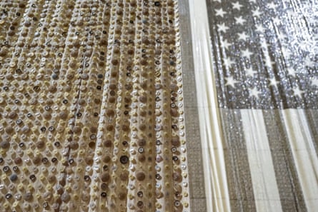 A detail from Eight Nation Alliance Flags showing the construction using the salvaged buttons.