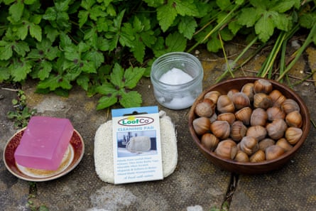 Homemade toothpaste, soap and reusable, compostable scourer – and hazelnuts from Cate Cody’s garden.
