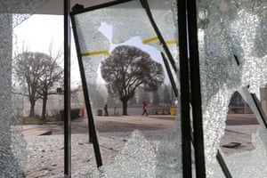 Windows of a building, which were smashed during recent protests triggered by the fuel price increase in Almaty.