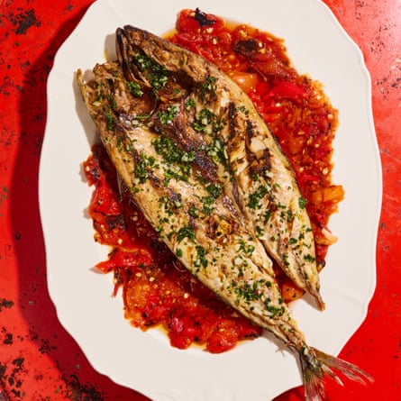 Butterflied mackerel and burnt tomato ají.