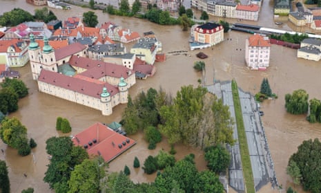 An aerial picture taken with a drone shows flooded Klodzko, southwestern Poland, 15 September 2024.