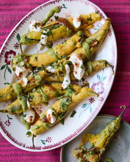 Maunika Gowardhan’s stuffed chillies for Holi – AKA bharwa mirchi pakode ki chaat.