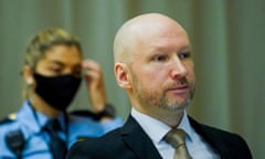 Anders Behring Breivik is pictured on the first day of his parole hearing.