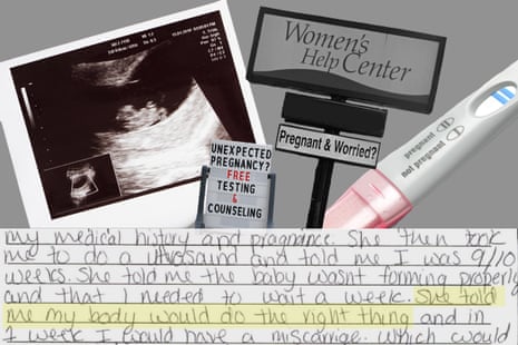 A photo collage includes an excerpt from a patient complaint form, an ultrasound image, a pregnancy test, a sign for the Women’s Help Center and a second sign that reads, “Unexpected pregnancy? Free testing & counseling.”