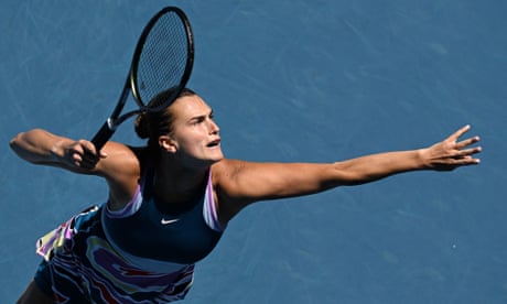 Aryna Sabalenka serves during her fourth round victory over Belinda Bencic at the Australian Open.
