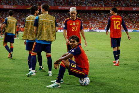 Spain's Lamine Yamal celebrates scoring their third goal.