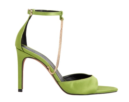 Green satin heeled sandals with a gold chain detail
