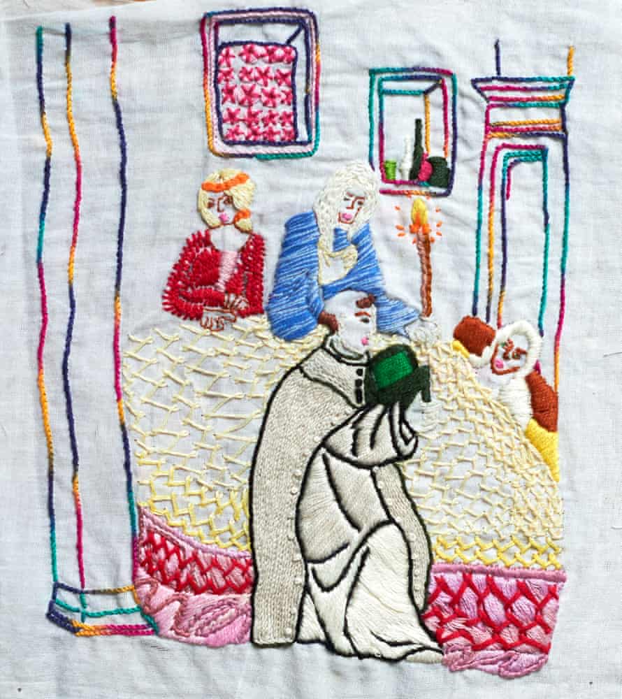This embroidered ‘final confession’ is reminiscent of a deathbed scene from an old painting. Fauzia often copied elements of master paintings and added her own twists.