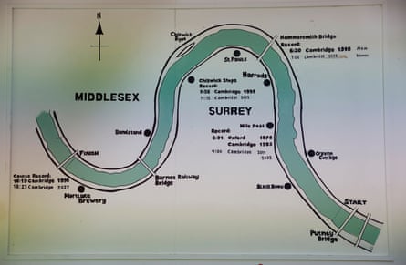 A map of the Boat Race course at the Goldie boathouse, with the Thames coloured in Cambridge blue and record timings written in for men and women showing almost total Cambridge dominance.