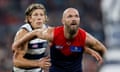 Melbourne captain Max Gawn rucks against Geelong's Rhys Stanley in their AFL match at the MCG