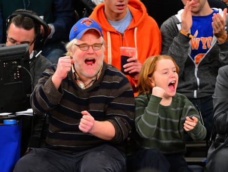 Cooper Hoffman with his dad, Philip Seymour Hoffman, at a basketball game in New York in 2013.