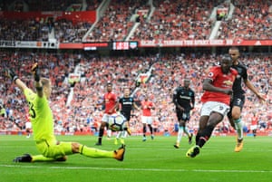Romelu Lukaku slots the opening goal past Joe Hart as Manchester United beat West Ham 4-0. Lukaku announced his arrival at Old Trafford by scoring twice on his Premier League debut for Manchester United.