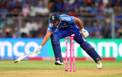 Shivam Dube is smartly run out by Harry Brook.