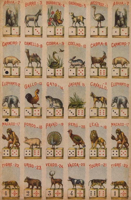 25 Jogo do Bicho stickers with drawings of different animals standing on a pair of dice with their name and a number above each one