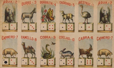 Jogo do Bicho stickers with drawings of different animals standing on a pair of dice with their name and a number above each one