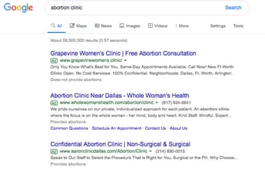 Loophole means that only users who are specifically searching under the term ‘abortion’ will be provided information on whether a particular health care clinic does – or does not – offer the procedure to women