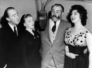 Dick Bentley, June Whitfield, Jimmy Edwards and singer Alma Cogan recording Take It From Here, 1953