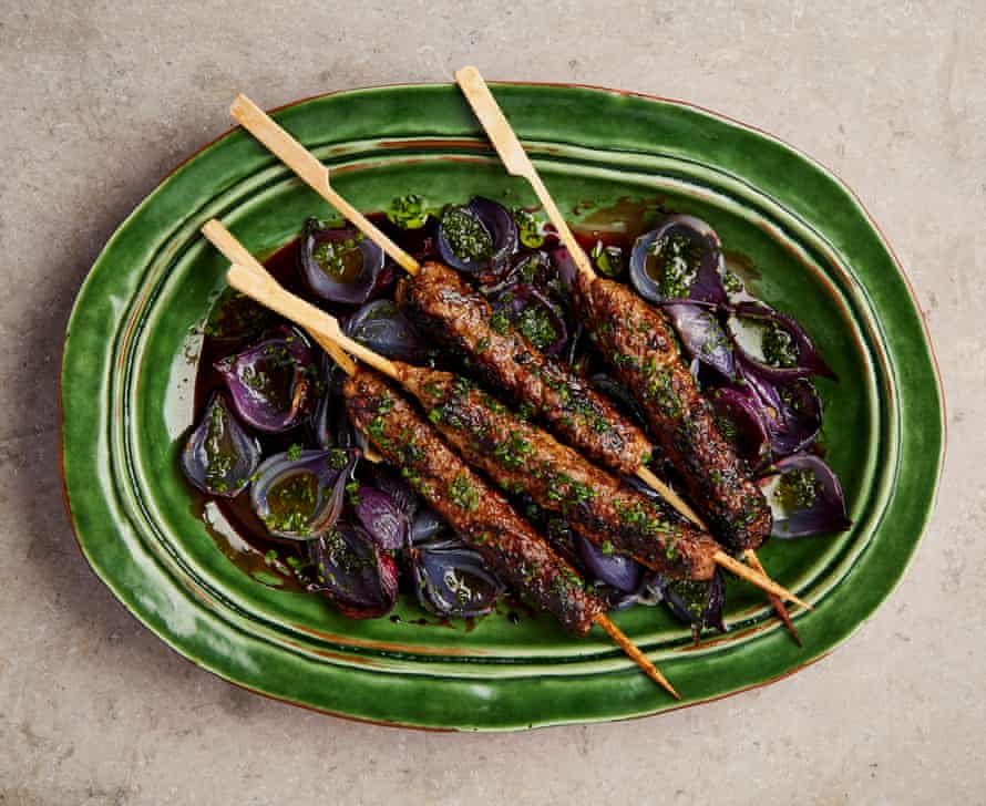 Lamb and beef kebabs with sweet-and-sour onion petals