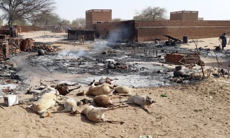Dead animals lie in front of the smoking ruins of a settlement after a raid by militiamen
