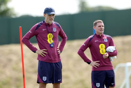 Thomas Tuchel (left) and his assistant Anthony Barry keep an eye on England training in Spain before Saturday’s qualifier.