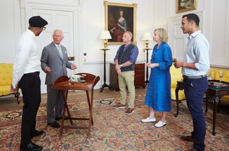 Jay Blades, the then-Prince of Wales and The Repair Shop’s craftspeople: horologist Steve Fletcher, ceramics expert Kirsten Ramsay and furniture restorer Will Kirk.