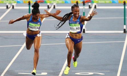 Brianna Rollins, right, crosses the line first, with Kristi Castlin taking bronze.