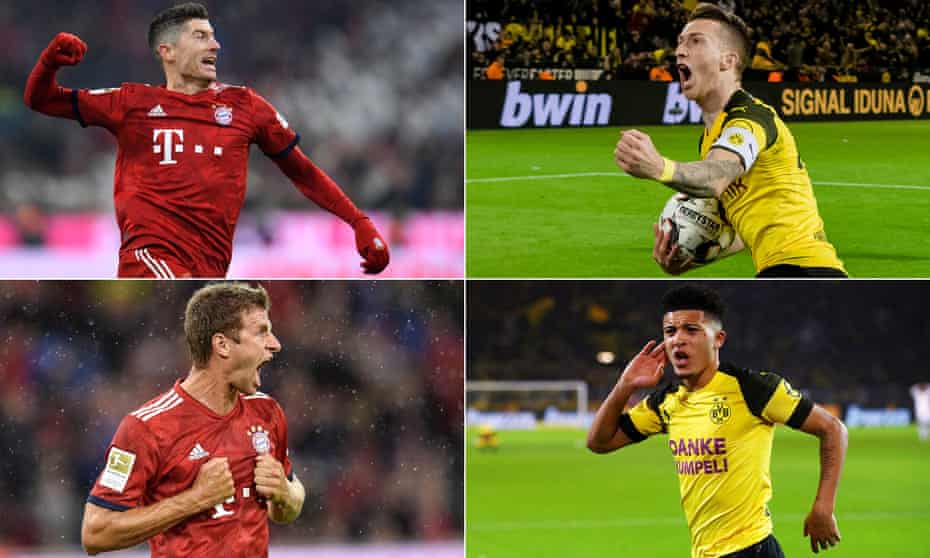 Clockwise from top left: Robert Lewandowski, Marco Reus, Jadon Sancho and Thomas Müller will all play key parts as the Bundesliga starts again. 