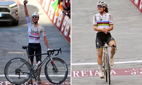 Tadej Pogacar and Lotte Kopecky celebrate in Siena after winning the Strade Bianche.