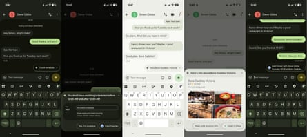 Screenshots from a Google Pixel 11 series showing Magic Cue’s proactive assistance in the messages app.
