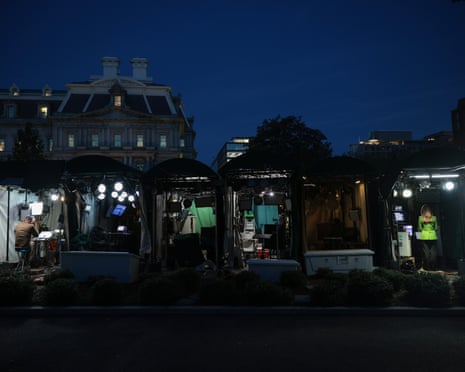 Tents belonging to CNN and MS NOW remain dark and unoccupied early on 24 September in Washington DC.