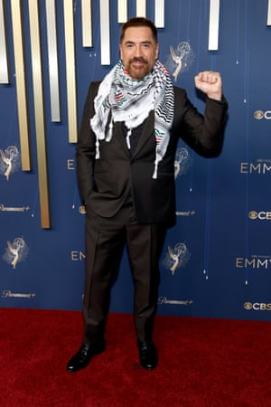 F1 actor Javier Bardem wore a black, green, red and white keffiyeh