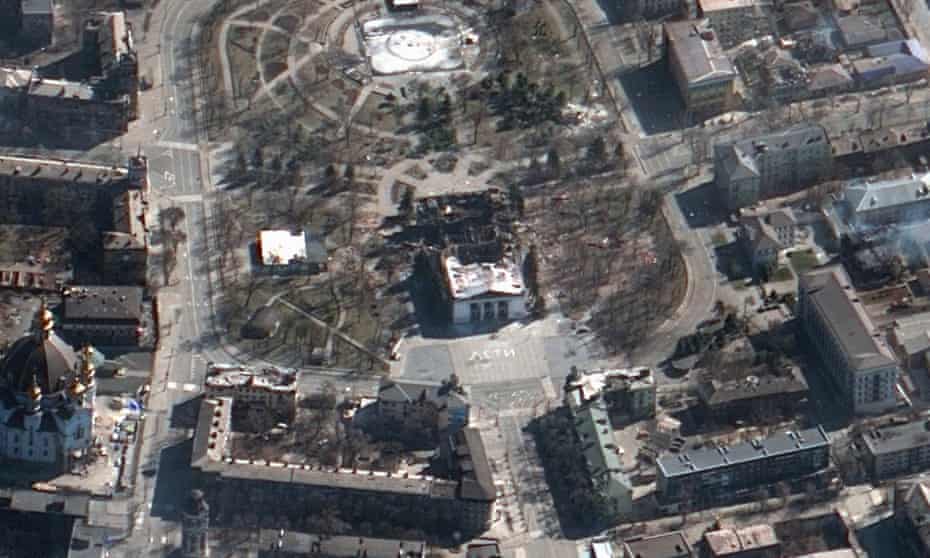 This satellite image provided by Maxar Technologies on Saturday shows the aftermath of Wednesday’s Russian airstrike on the Mariupol drama theatre in Ukraine, where hundreds are believed to still be trapped.