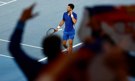 Novak Djokovic reacts during the third set tie-break en route to victory over Tomas Martin Etcheverry.