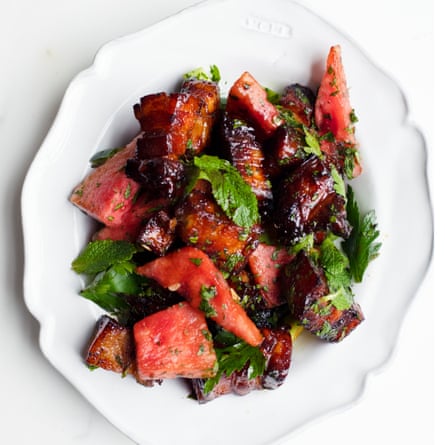 Pork with watermelon and mint.
