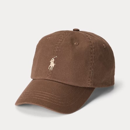 A brown baseball style cap with a cream Ralph Lauren logo front and centre.