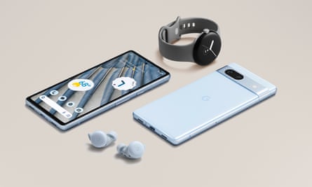 Google Pixel 7a pictured in the ‘sea’ colour with Pixel Watch and Buds Pro.