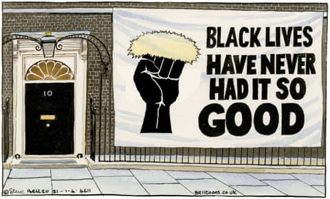 Steve Bell cartoon 01/04/21: Black Lives poster outside No 10 Downing Street