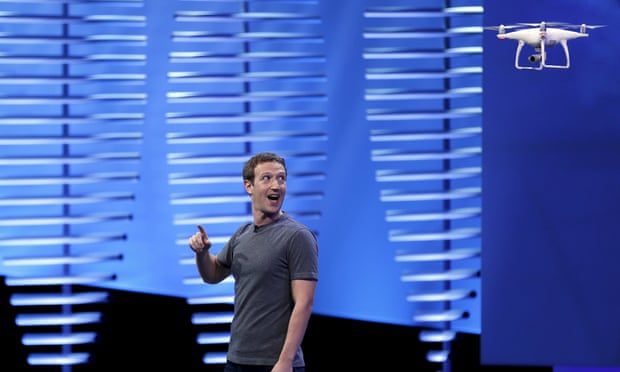 Flying high: Mark Zuckerberg on stage with a drone during the Facebook F8 conference in San Francisco, California. 