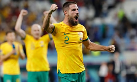Miloš Degenek celebrates Australia's draining 1-0 victory against Denmark