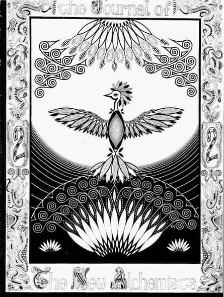 A black and white drawing featuring a phoenix