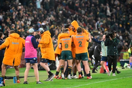 The Australian bench celebrates at Ellis Park.