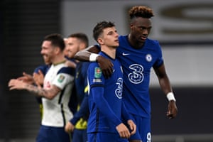 Mason Mount of Chelsea is consoled by Tammy Abraham of Chelsea after he misses a penalty, and Chelsea therefore lose the the Carabao Cup fourth round match.