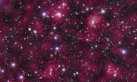 A photo combining an image of a supercluster with magenta-tinted clumps of an inferred dark matter map derived from observations by Nasa's Hubble space telescope.