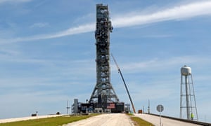 Nasa’s Space Launch System mobile launcher stands atop Launch Pad 39B at the Kennedy Space Center in Cape Canaveral, Florida on 1 July 2019.